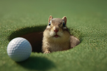 Adorable Chipmunk Peeking from a Golf Putting Green Cup
