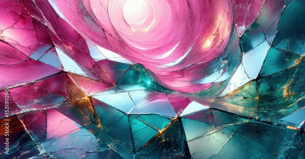 Poster Abstract fractal design. Pink, teal hues blend, creating shattered glass effect. Light source radiates from center. Complex patterns dominate composition.