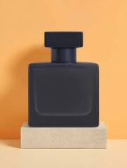 Dark perfume bottle on a light beige pedestal against an orange background