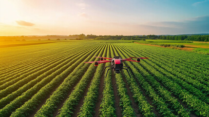 Agricultural drones spray fertilizer and pesticides on vegetable fields in the evening.