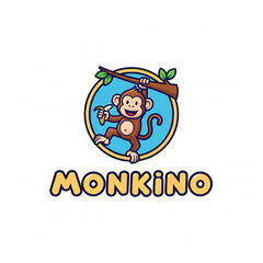 Fototapeta premium Playful monkey icon logo with circular layout and fun bubble-style font ‘MONKINO’, friendly and casual on white background.