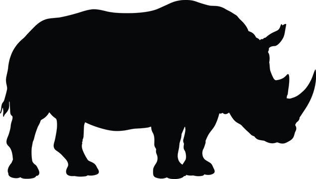 Black rhino silhouette vector illustration, African wild animal graphic, endangered species icon, strong horned mammal on white background, nature creature shape, safari wildlife art