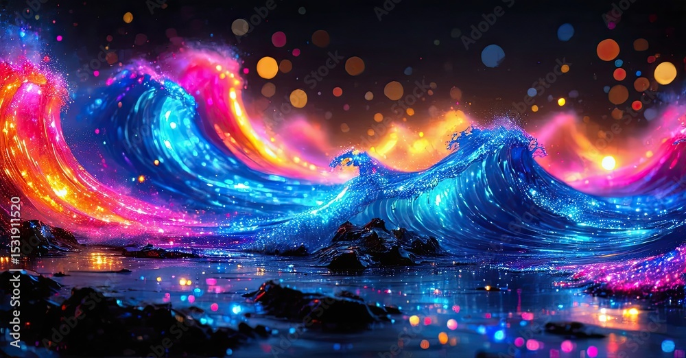 Poster vibrant waves glow, illuminated by colorful light. water reflects sparkles, creating magical ocean s
