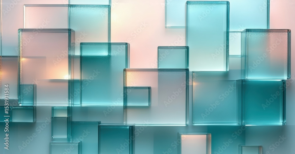 Poster abstract composition. cubes overlap, creating depth. turquoise hues dominate, soft light present. mi