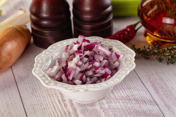 Diced red onion in the bowl