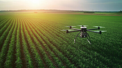Agricultural drones spray fertilizer and pesticides on vegetable fields in the evening.
