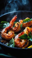 Pan-seared shrimp with basil, steaming hot
