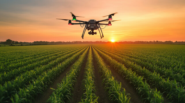 Agricultural drones spray fertilizer and pesticides on vegetable fields in the evening.