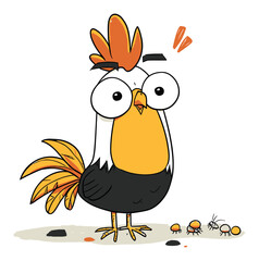 Cute Cartoon Bird Character with Fun Expression and Small Insects
