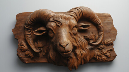 Low sculpture, carved wooden goat for decorating the house wall