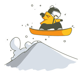 Cute Cartoon Panda Snowboarding in Action on a Snowy Mountain Slope