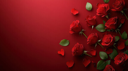 Red roses and petals are beautifully arranged on deep red background, creating romantic and elegant atmosphere. vibrant flowers and scattered leaves add touch of nature and love