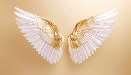 Abstract angelic wings flat lay on golden background for themes of heaven
