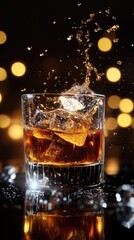 Whiskey tumbler with ice, splash