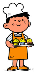 Cheerful Boy Chef Holding Cupcakes in Colorful Flat Vector Style