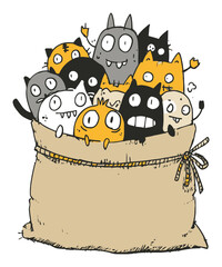 Cute Cartoon Cats and Monsters Popping out of a Bag in Vector Style