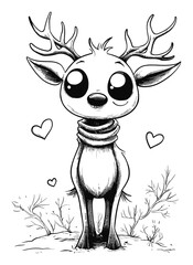 Cute Cartoon Reindeer Character with Big Eyes and Heart Motifs
