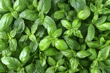 Fresh basil and mint leaves overhead close up