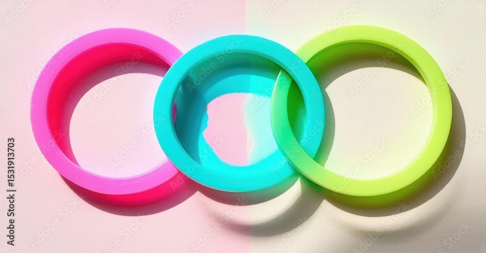Poster bright plastic rings interlock, creating colorful circular pattern. simple composition, vibrant hues