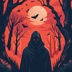 A captivating illustration depicts a silhouetted figure in a dark hooded cloak, standing amidst a vibrant, autumnal forest at twilight.