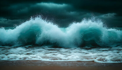 Dramatic ocean waves crashing on sandy beach under stormy sky