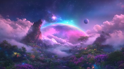 Vibrant landscape showcasing a distant planet with twin suns shining over lush tropical flora and surreal celestial formations