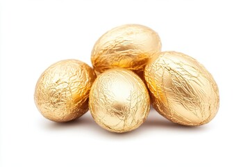 Four golden chocolate eggs isolated on white background