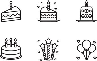 Birthday party celebration vector line art icon set. Cake, candle, balloon, drink. Editable stroke outline