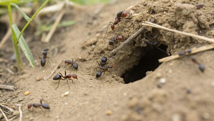 Close Up Ant Colony Entrance on Soil Surface Showing Activity Structure and Natural Order Suitable for Educational Nature Content