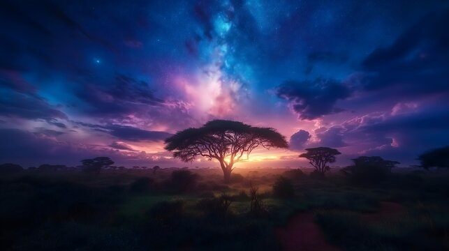 Vast African savannah at dusk with vibrant colors and a solitary tree under a starry sky