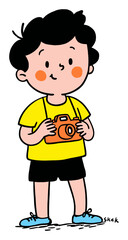 Young Boy with Camera in Flat Vector Style Illustration