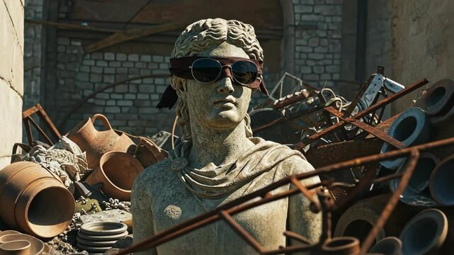 A statue wearing sunglasses amidst a pile of debris.