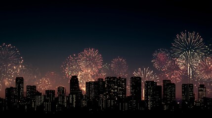 Fototapeta premium Skyscraper Silhouette with Japanese Fireworks/高層ビルのシルエットと日本の花火7