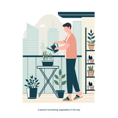 Young man watering potted plants on a balcony garden in the city. Urban gardening, home plant care, and sustainable lifestyle concept in a modern apartment setting.