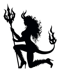 Elegant Silhouette of a Fiery Demoness with Spiky Attire and Trident