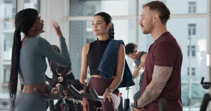 Gym, friends and laughing for people, training or body wellness for workout goal. Personal trainer, fitness discussion and funny joke for endurance challenge, coach and equipment for spin class
