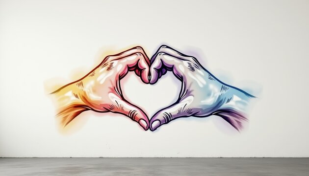 Colorful mural of joined hands forming a heart shape on wall  