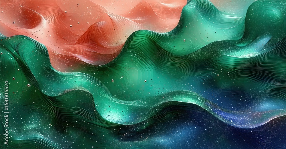 Poster Abstract waves, flowing forms, vibrant colors. Fluid shapes suggest movement, depth, texture. Soft gradients create calming visual effect.