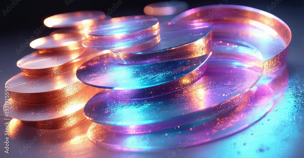 Poster Abstract glowing disks stacked, vibrant colors radiate. Metallic sheen reflects light, creating dynamic visual effect.
