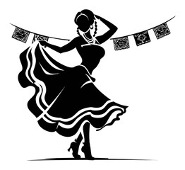 Elegant Dancing Woman Silhouette with Decorative Banners in Background