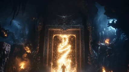 Powerful hero walking through glowing portal in dark fantasy world, fire illuminating ancient ruins, sparks and magic swirling, epic adventure begins