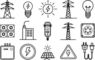 Electricity and electric power vector line art icon set. Electric pillar, bulb, light, switch, solar panel, electric miter. Editable stroke outline