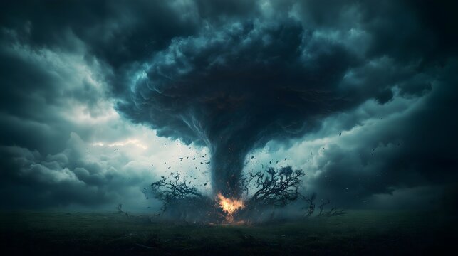 Tornado touches down on a dark prairie with swirling winds and ominous clouds creating a dramatic storm landscape - Powered by Adobe