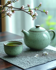 Spring Tea Serenity: Ceramic Teapot and Cup with Delicate Cherry Blossoms