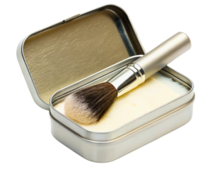 Stylish shaving brush stored in a metal tin for grooming on a transparent background