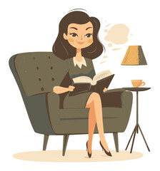 Charming Cartoon Woman Reading a Book in Cozy Living Room Setting