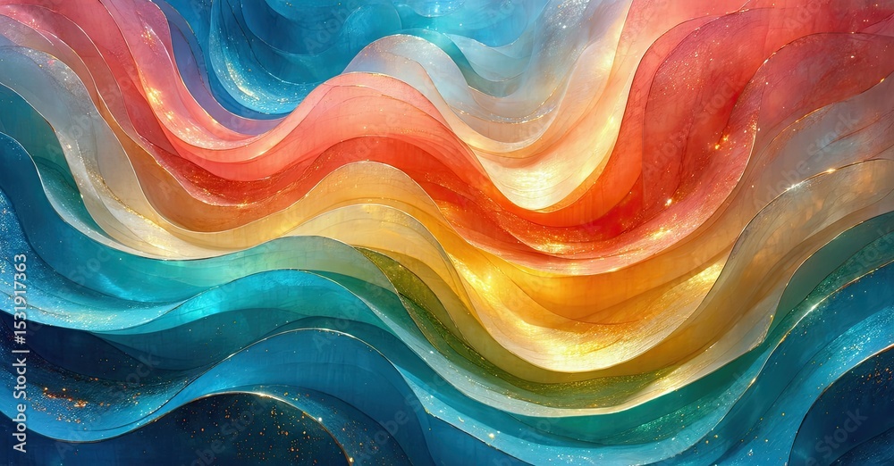 Poster abstract waves, vibrant colors blend. fluid shapes create dynamic, luminous effect. warm, cool tones