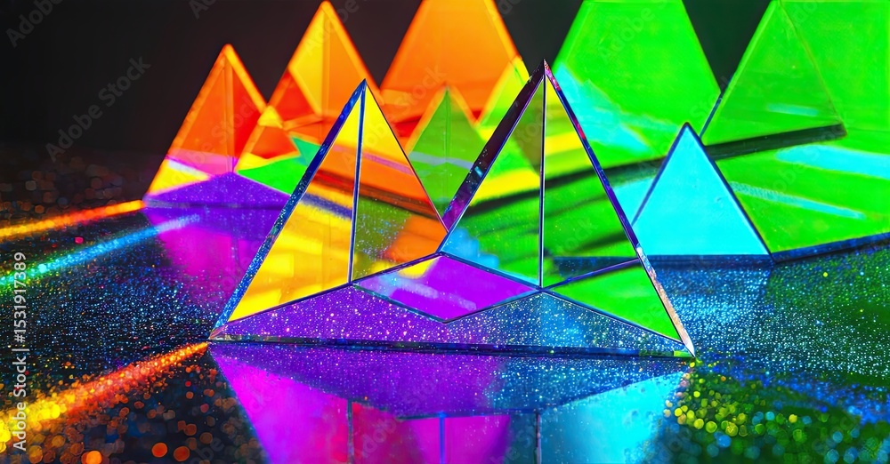 Poster colorful pyramids reflect light, creating vibrant patterns. geometry, refraction, luminosity dominat