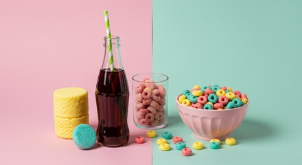 Colorful cereal, marshmallow pops, and soda bottle on a split pink and teal background. Fun, vibrant still life representing sweet treats and child...