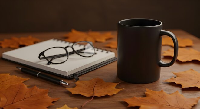 A workspace with autumn leaves, a coffee mug, and a notebook, creating a cozy and productive atmosphere.
